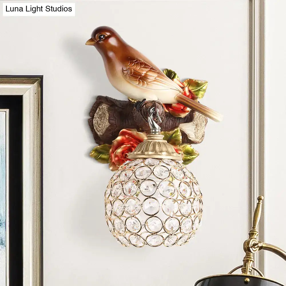 Brown Bird Wall Sconce Crystal Globe Shade