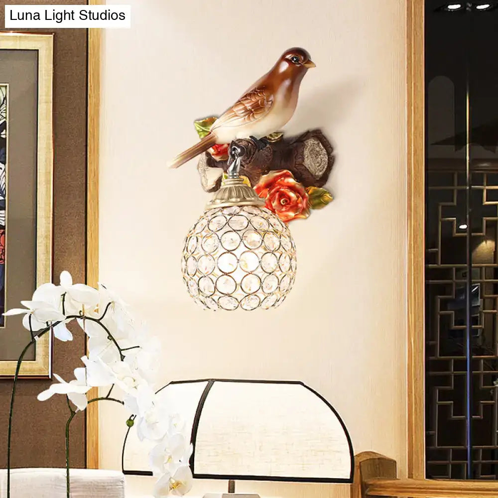 Brown Bird Wall Sconce Crystal Globe Shade