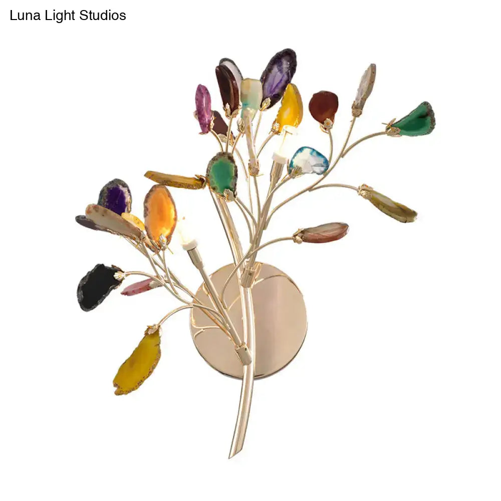 Gold Branch Wall Sconce Two-Light Colored Crystal