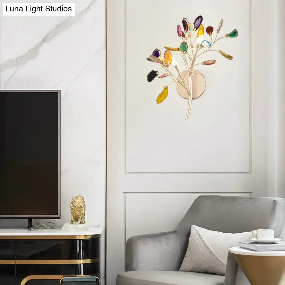 Gold Branch Wall Sconce Two-Light Colored Crystal