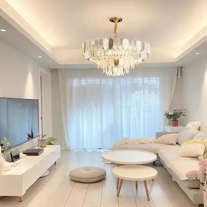 Gold Leaf Crystal Chandelier Polished Steel