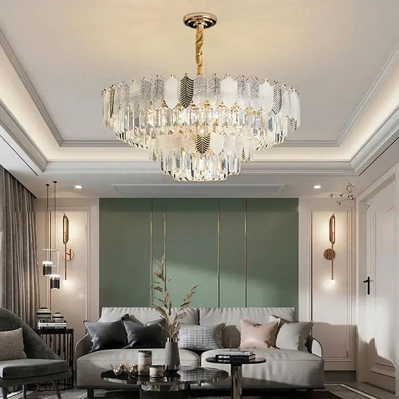 Gold Leaf Crystal Chandelier Polished Steel