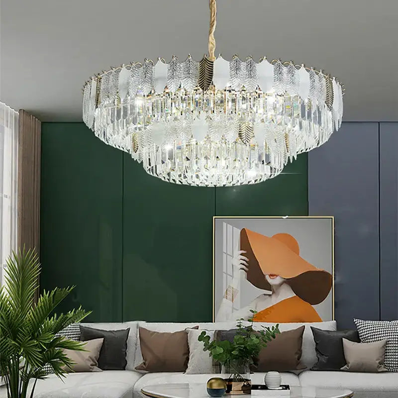 Gold Leaf Crystal Chandelier Polished Steel