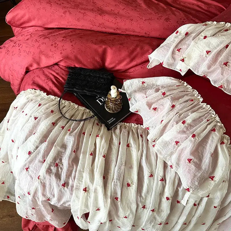 Red White Lace Bedding Set