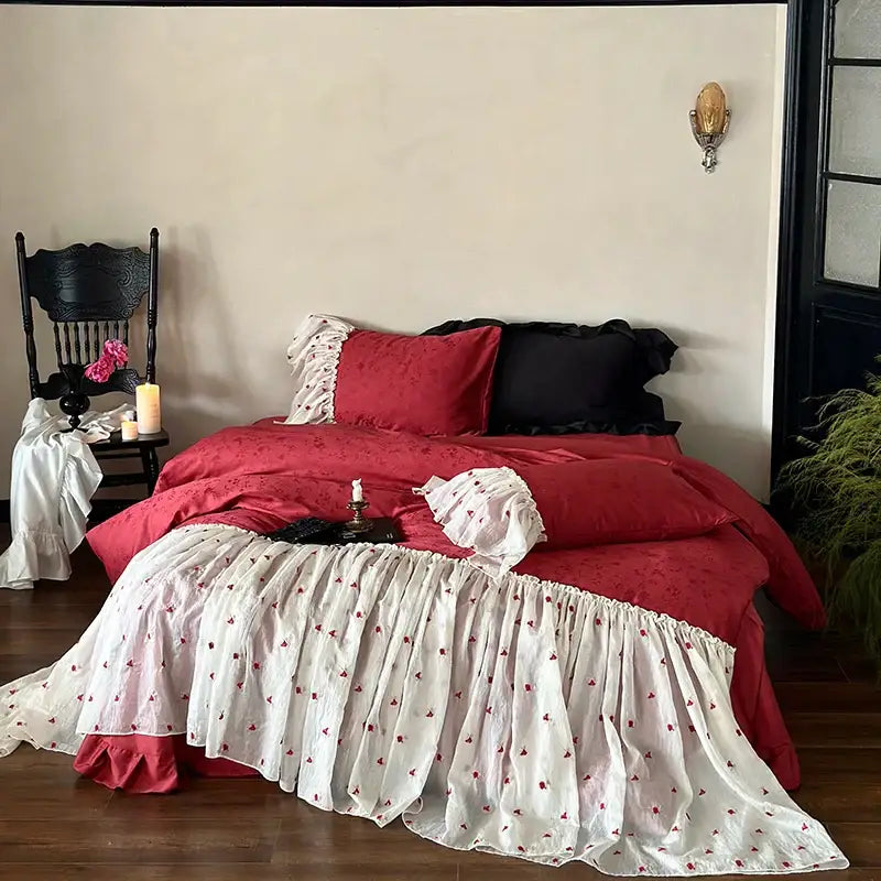 Red White Lace Bedding Set