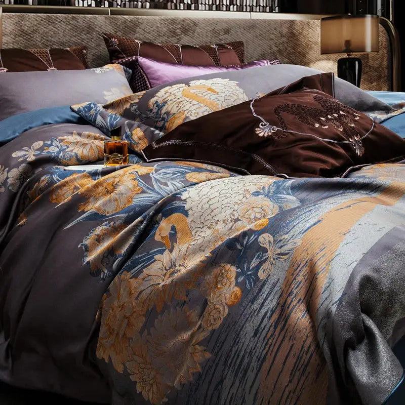 Gray Gold Jacquard Bedding