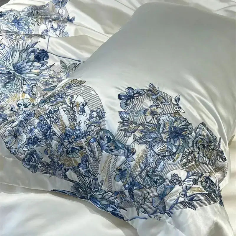 Blue Butterfly Embroidered Bedding Set Queen