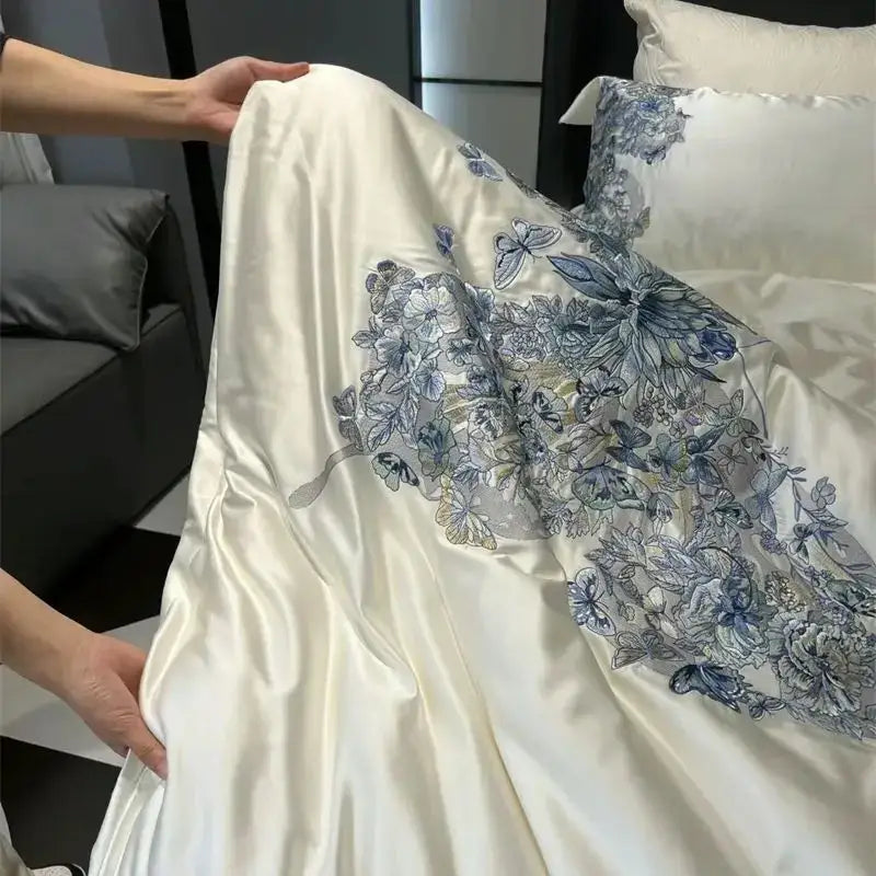 Blue Butterfly Embroidered Bedding Set Queen