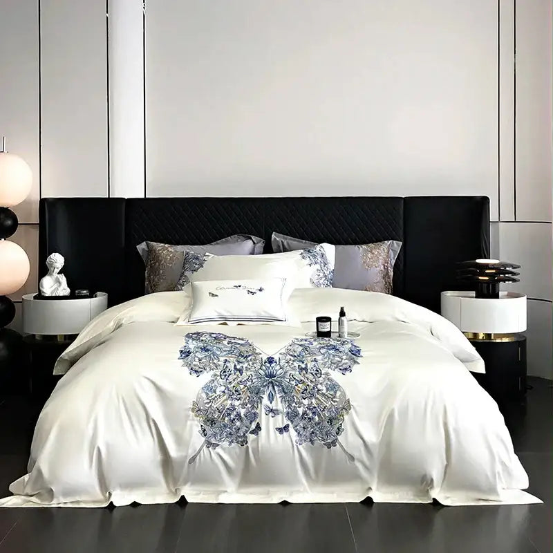 Blue Butterfly Embroidered Bedding Set Queen