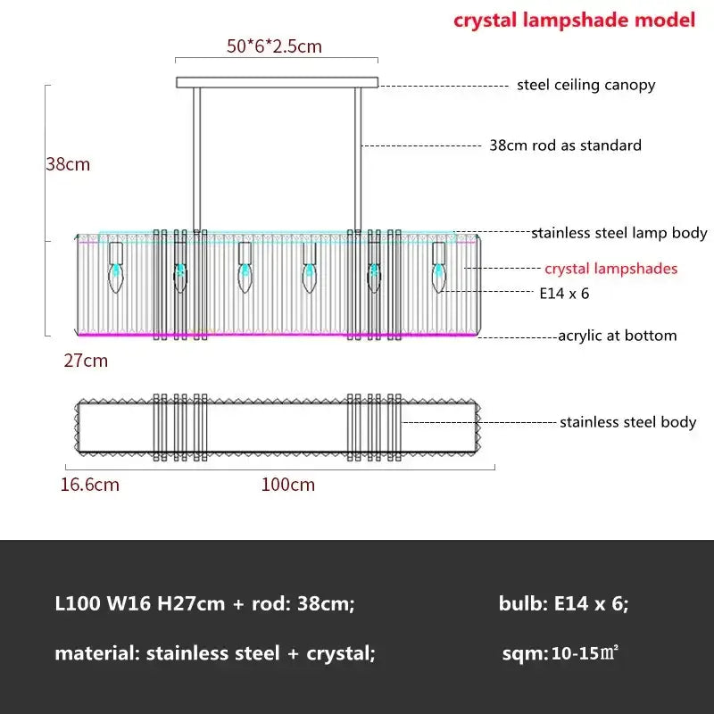 Gold Rectangular Crystal Shade Pendant Light