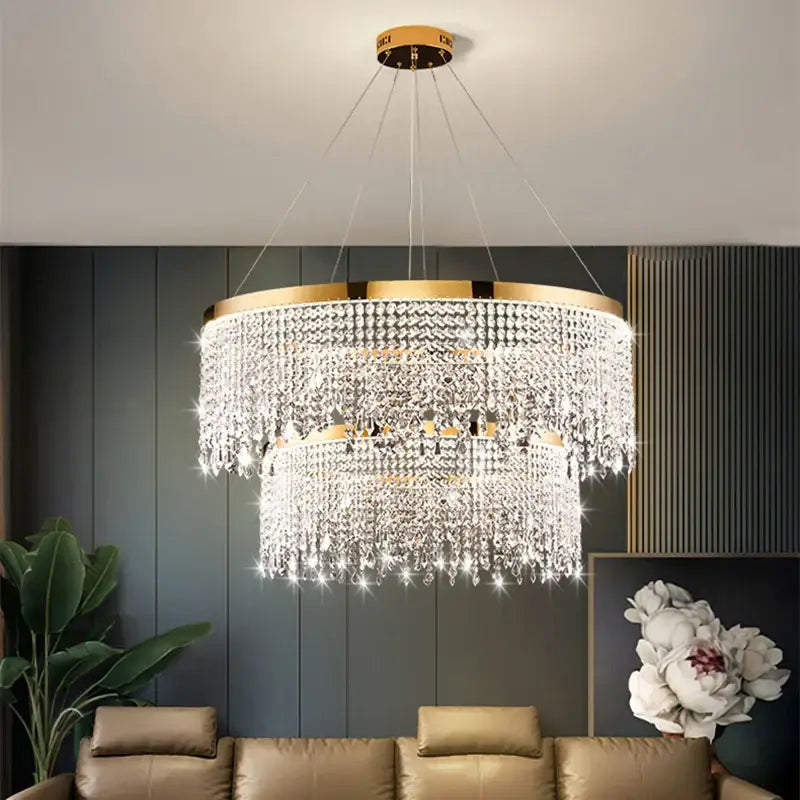 Gold Crystal Pendant Chandelier Water Curtain Effect