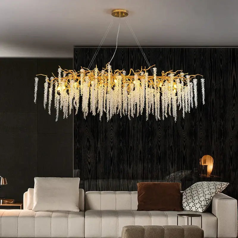 Gold Crystal Tassel Chandelier Cascading Design