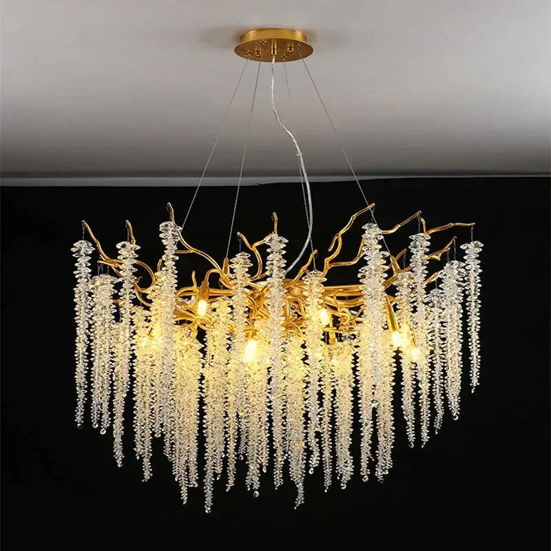 Gold Crystal Tassel Chandelier Cascading Design