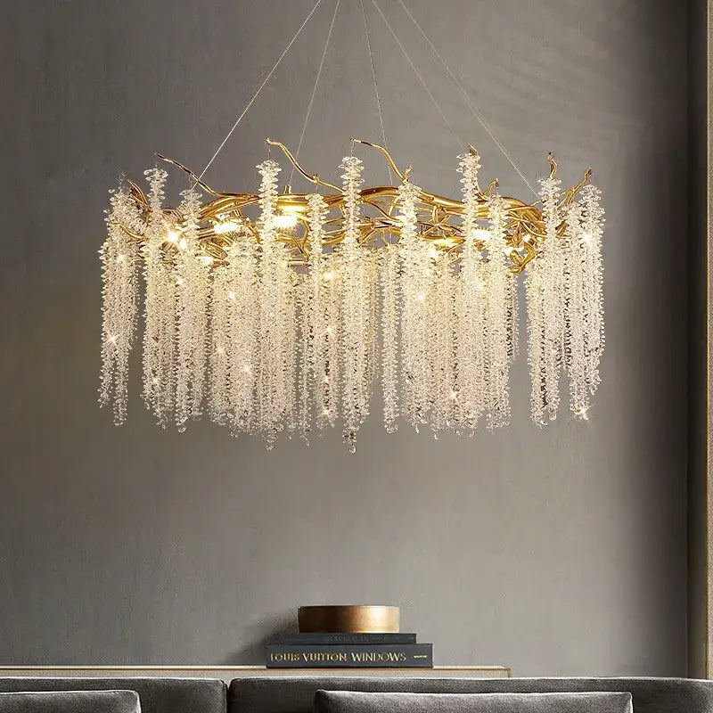 Gold Crystal Tassel Chandelier Cascading Design