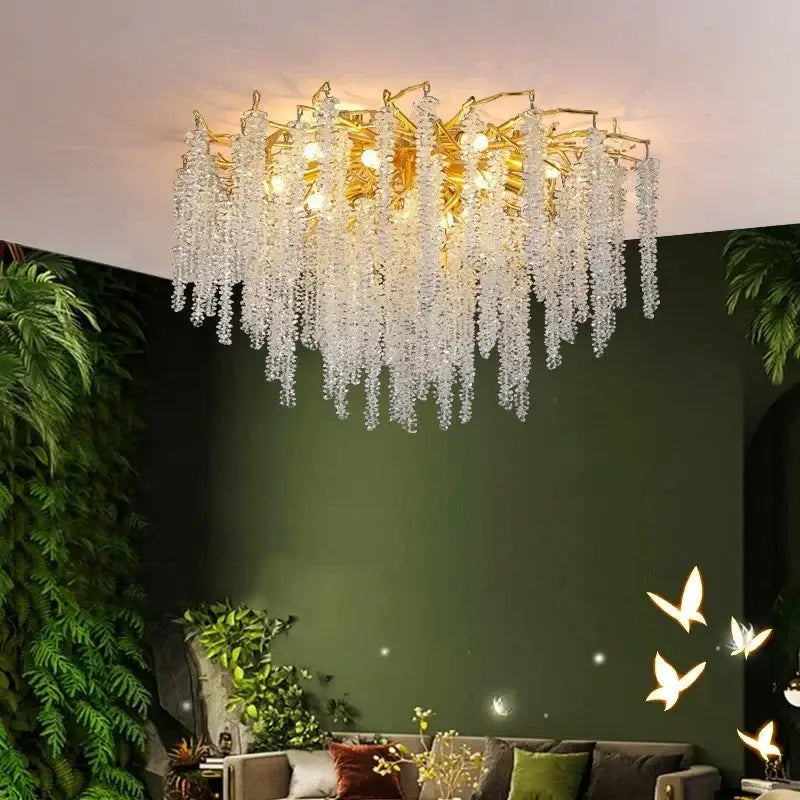 Gold Crystal Tassel Chandelier Cascading Design