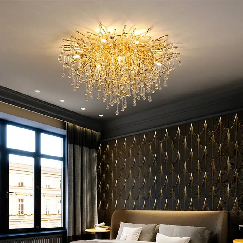 Gold Crystal Teardrop Chandelier with Adjustable Setting
