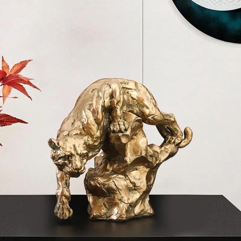 Golden Leopard Resin Figurine with Scrub Finish