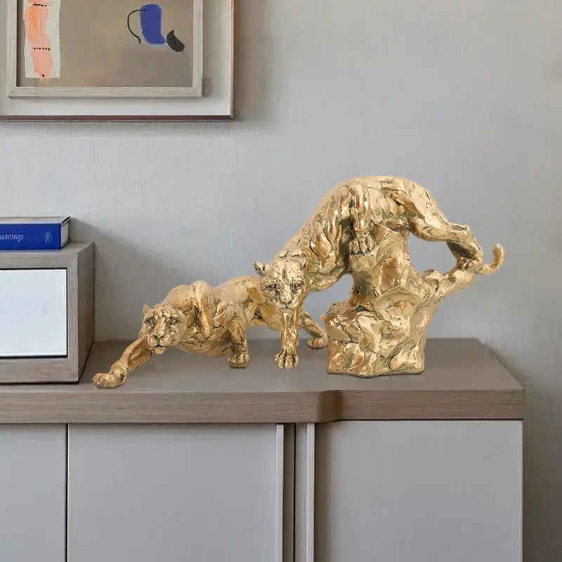 Golden Leopard Resin Figurine with Scrub Finish