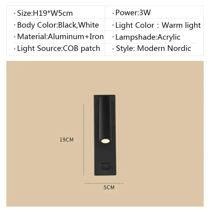 Black Matte LED Wall Sconce with USB Port