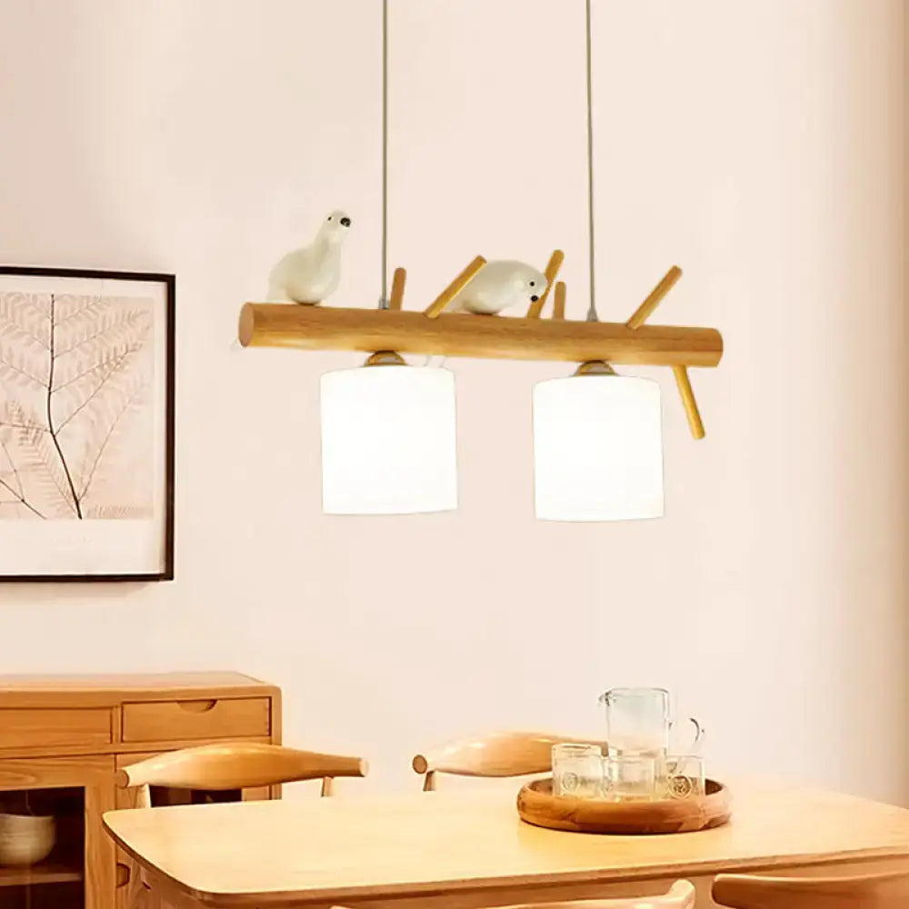 Beige Drum Bird Branch Three-Light Pendant
