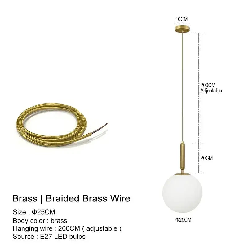 Gold Glass Ball Pendant Brass or Black Wire