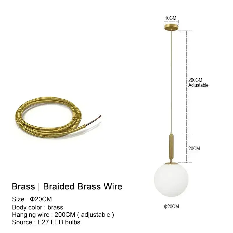 Gold Glass Ball Pendant Brass or Black Wire