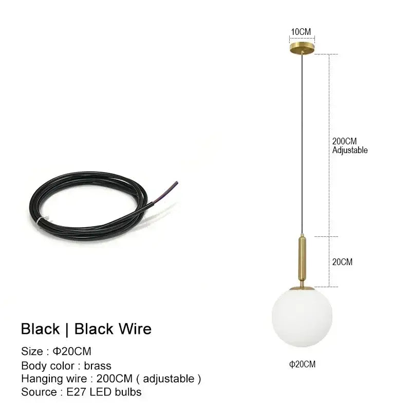 Gold Glass Ball Pendant Brass or Black Wire