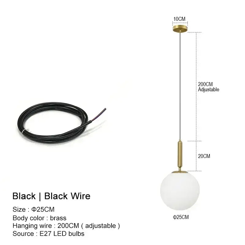 Gold Glass Ball Pendant Brass or Black Wire