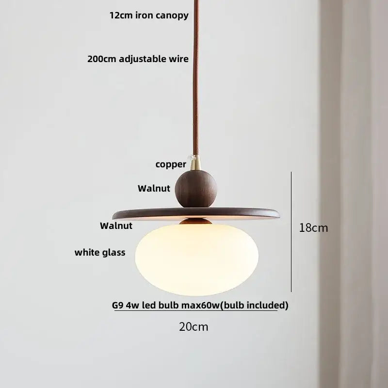 Walnut Brass Pendant Lamp With Diffused Glass Shade