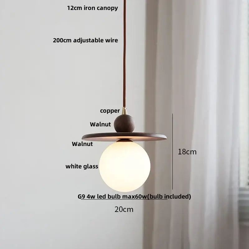Walnut Brass Pendant Lamp With Diffused Glass Shade