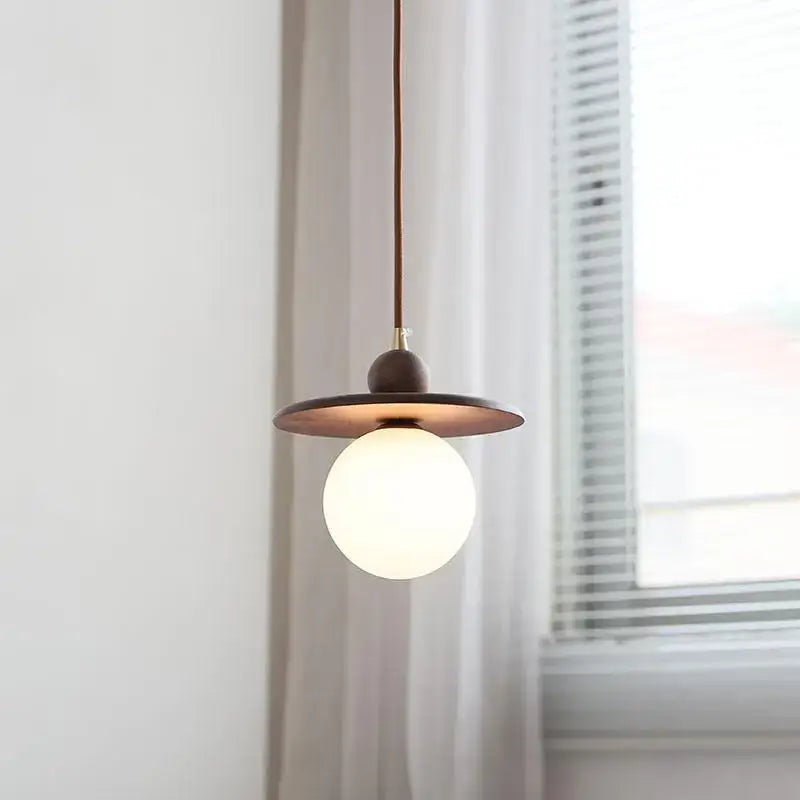 Walnut Brass Pendant Lamp With Diffused Glass Shade