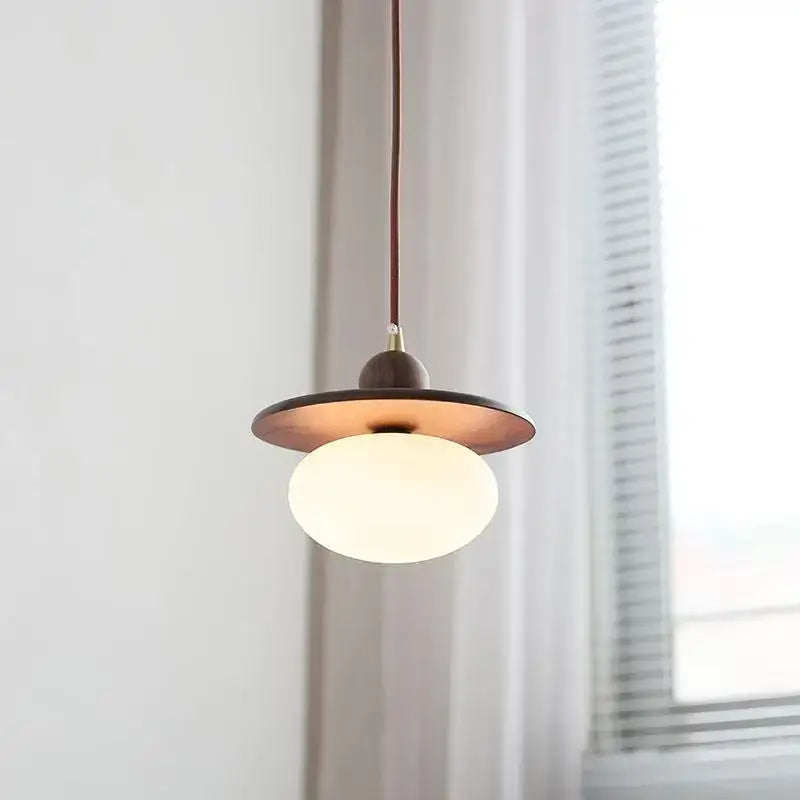 Walnut Brass Pendant Lamp With Diffused Glass Shade