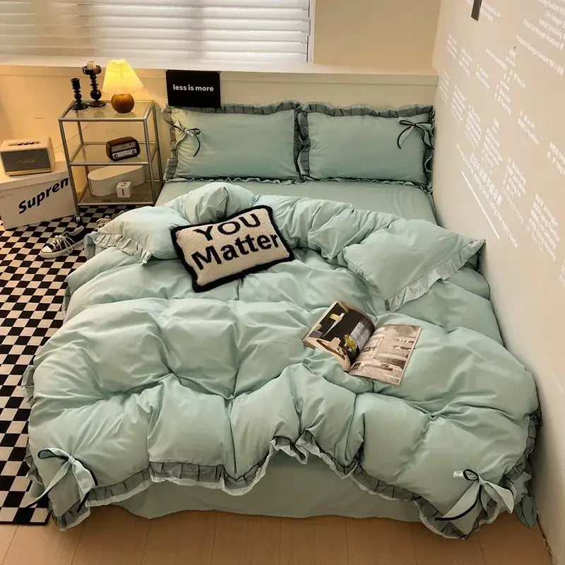 Mint Ruffled Cotton Bedding