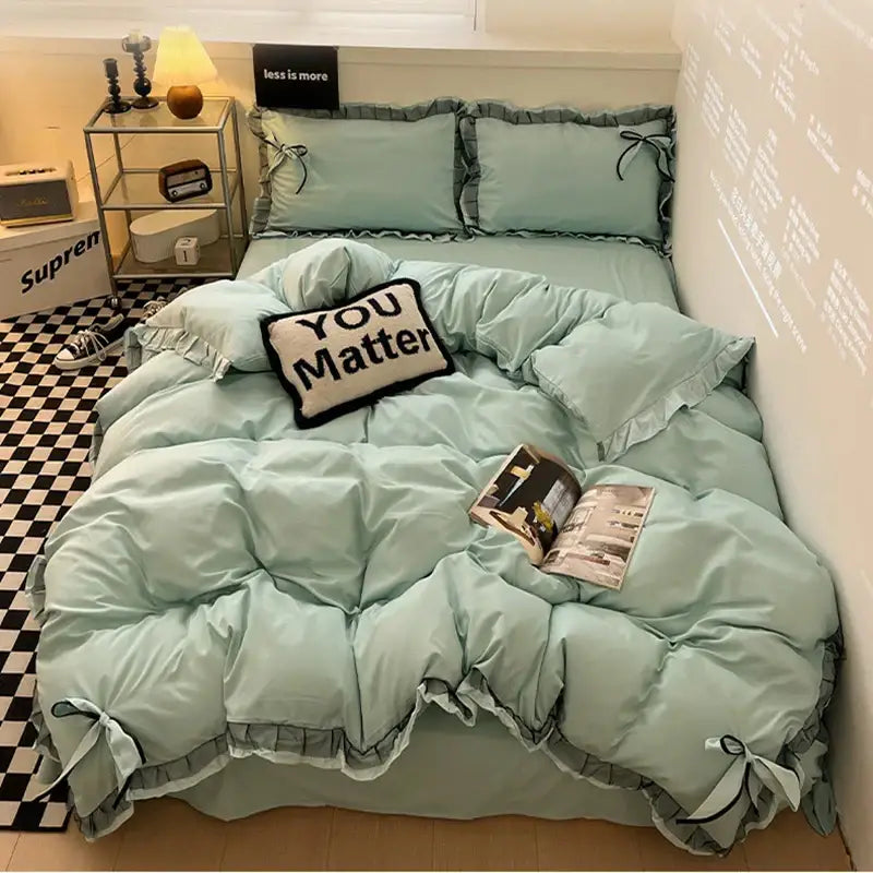 Mint Ruffled Cotton Bedding