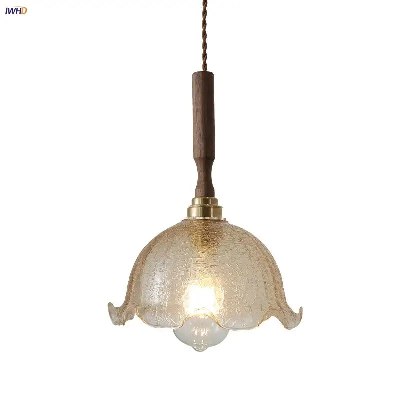 Amber Glass Walnut Wood Dining Pendant Lamp