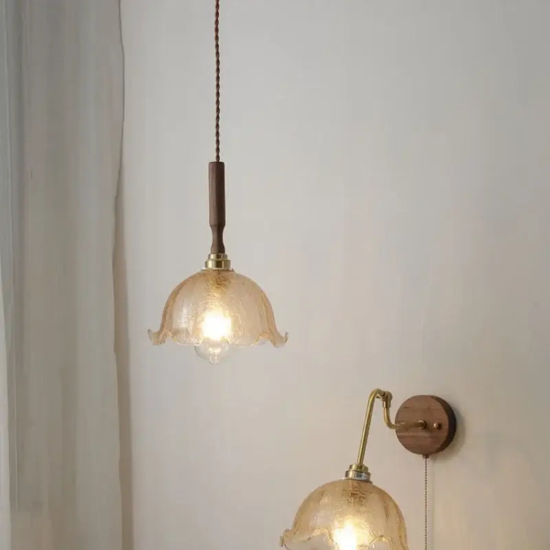 Amber Glass Walnut Wood Dining Pendant Lamp