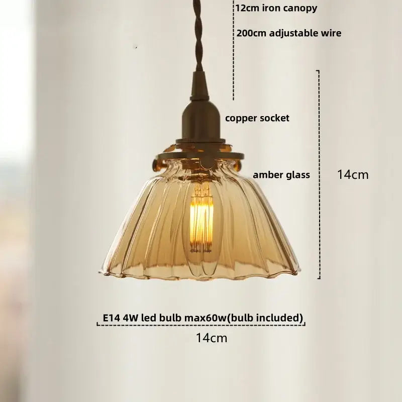 Amber Glass Fluted Scalloped Pendant Lamp