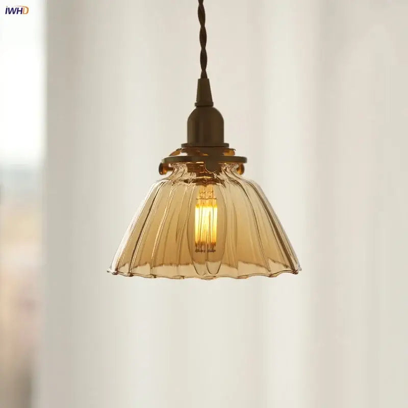 Amber Glass Fluted Scalloped Pendant Lamp
