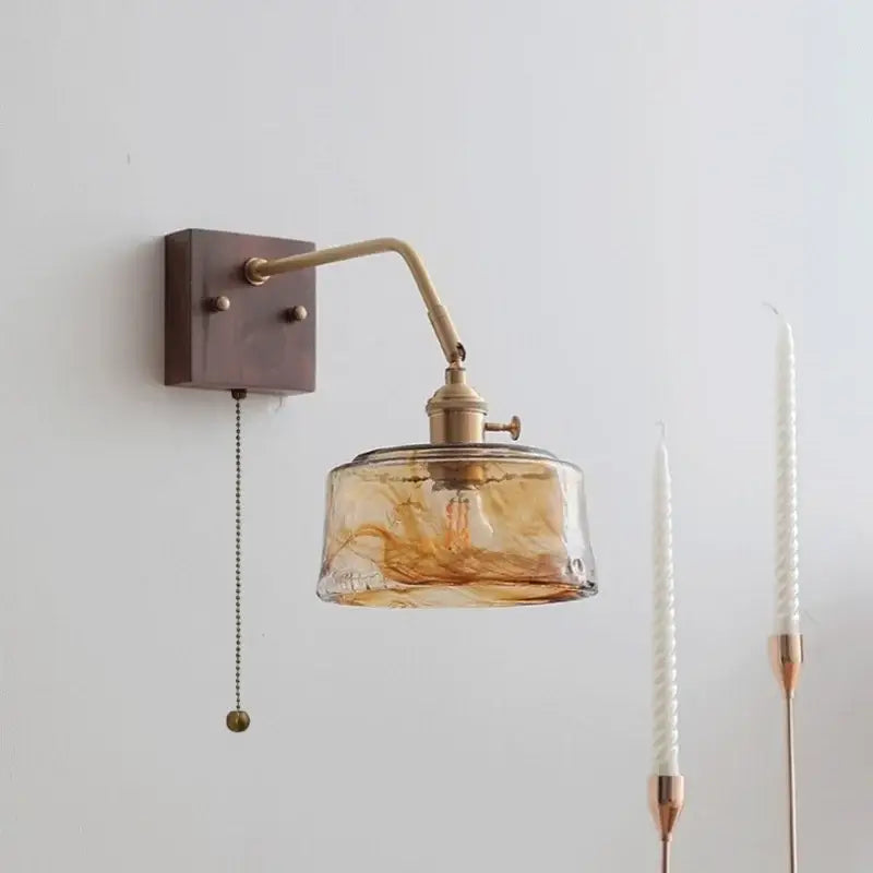 Amber Glass Wall Sconce with Pull Chain Switch