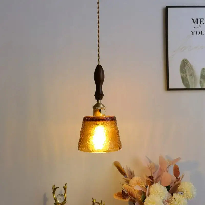 Amber Glass Hammered-Brass Dining Pendant