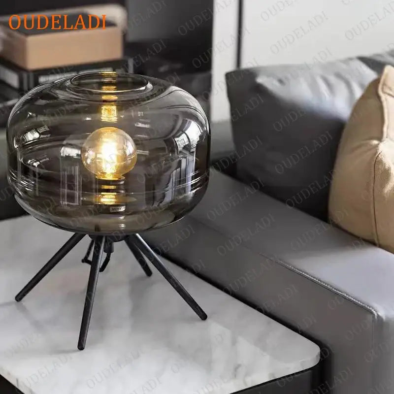 Amber Glass Table Lamp Black Tripod Base