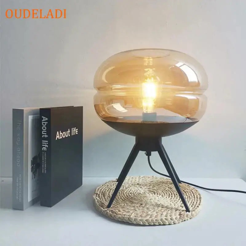 Amber Glass Table Lamp Black Tripod Base