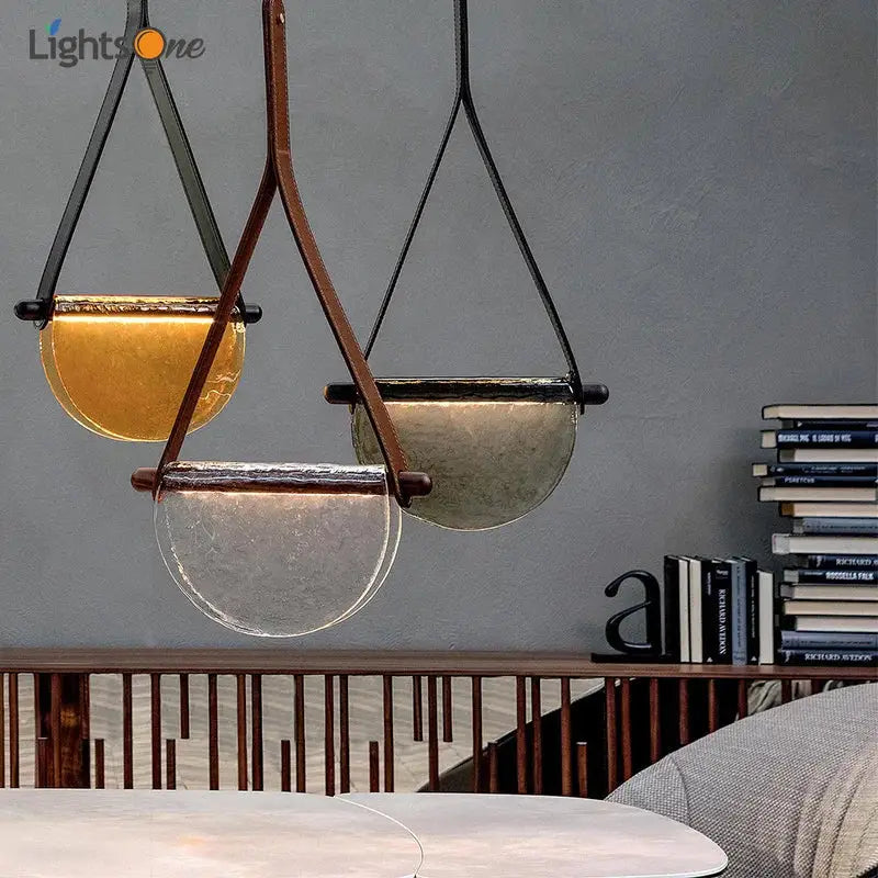 Gray Leather Glass Pendant Lamp