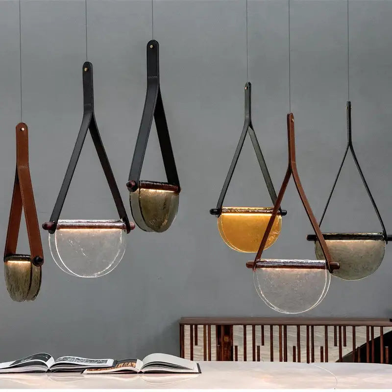 Gray Leather Glass Pendant Lamp