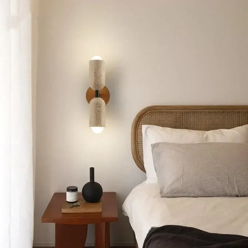 Beige Stone Wood Wall Sconce