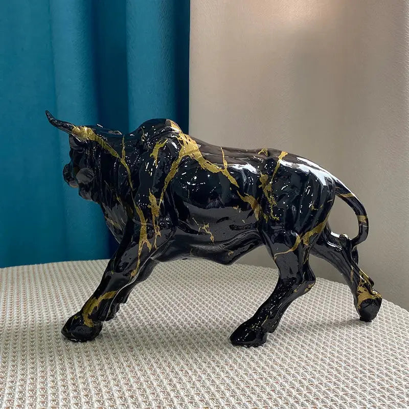 Black Gold Bull Sculpture with Resin Detailing