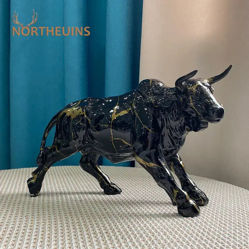 Black Gold Bull Sculpture with Resin Detailing