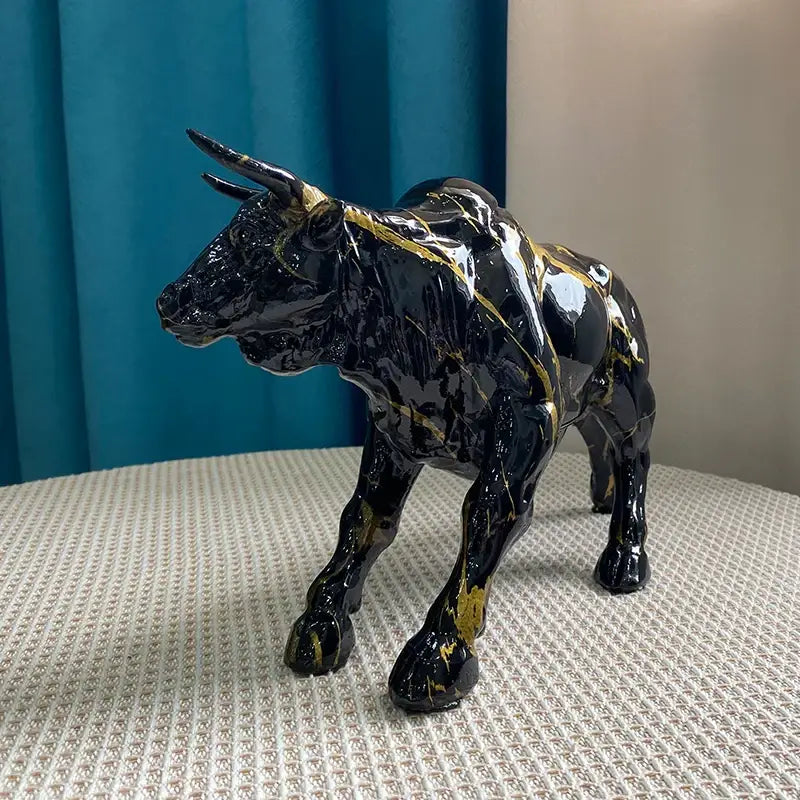 Black Gold Bull Sculpture with Resin Detailing