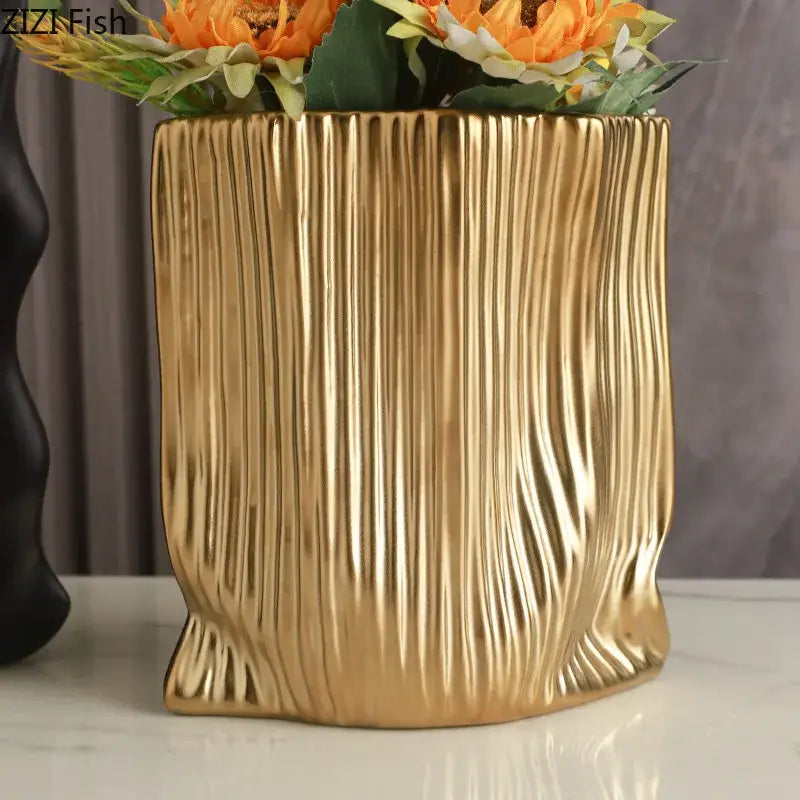 Black Gold Ceramic Bag-Shaped Vase Decor