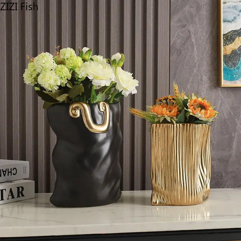 Black Gold Ceramic Bag-Shaped Vase Decor